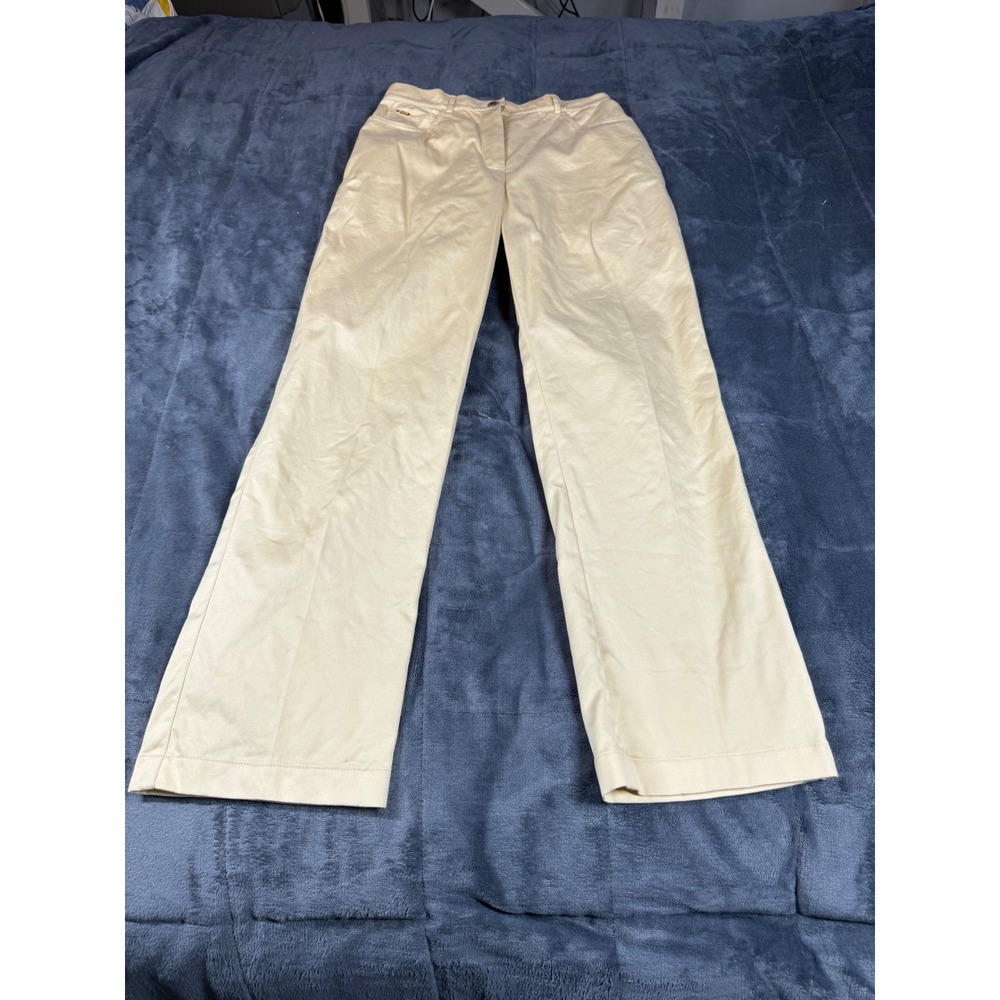 St John Sport Marie Gray Yellow Cotton Blend Straight Leg Pants Women Size 4
